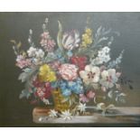 E.Vandermann, oil on canvas still life of flowers with gecko, signed lower right 49 x 59cm