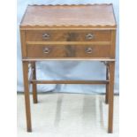 Two drawer mahogany table with gallery top, W50 x D35 x H67cm