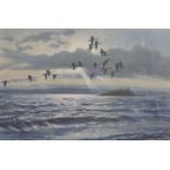 Peter Scott signed print of migrating birds, signed, dedicated and with pencil sketch to margin,