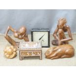 Egyptian style inlaid casket, width 19cm, carved wooden rabbit, three carved wooden figures and a