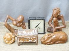 Egyptian style inlaid casket, width 19cm, carved wooden rabbit, three carved wooden figures and a