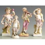 Three 19thC German figures, probably Plaue / Volkstedt and another Meissen style figure playing a