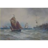 Thomas Bush Hardy, RVA (1842-1897) maritime watercolour of sailing ships, jetty and lighthouse,