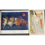 Two modern art prints. Marcel Vertes 'Serenade' dated 1957, 69 x 39cm and Nissan Engel 'Lancers',