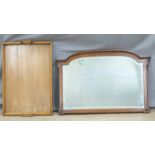 Large oak twin handled tray, length 72cm and wooden framed bevelled edge mirror