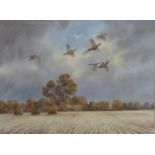 Robert W Milliken (1920-2014) watercolour landscape with pheasants in flight, signed lower right, 54