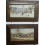 Pair of coaching prints in Arts and Crafts style hammered copper frames with titles, each 53 x