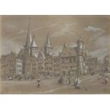 Attributed to Rev. John Louis Petit (1801-1868) pen and gouache 'In Ghent' Belgian townscape, titled