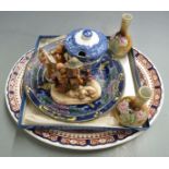 Wedgwood meat plate, Royal Doulton 'Persian' plate, Goebel Hummel figures, George Jones Abbey