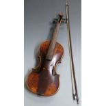 Nikolaus Amati 19thC Czech violin with 36cm one piece impressed back and period bow with mother of