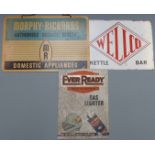Wellco kettle bar double sided enamel sign, Morphy Richards dealer sign and Ever Ready gas lighter