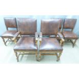 Victorian set of six (2+4) oak upholstered chairs