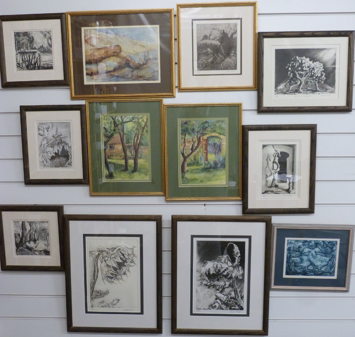 Juliet Keyte, three watercolours, two charcoal studies, five artist's proof etchings, one limited