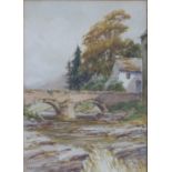 Henry "Harry" James Sticks (1867-1938), watercolour landscape 'Wearhead' with cottage and bridge