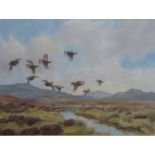 Robert W Milliken (1920-2014) watercolour Scottish or similar landscape with grouse in flight,