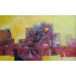 Abstract acrylic on board cityscape, indistinctly signed lower left, 67 x 110cm