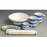 T.G Green Cornishware ceramics, Gray's Pottery oval dish and an advertising ware rolling pin, L