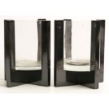 Pair of Art Deco style glass vases with black cross supports, 20.5cm tall.