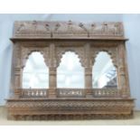 Carved Indian temple / architectural temple piece made into a triptych mirror, 126 x 148cm