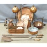 Pair of Arts and Crafts style fire dogs together with a quantity of further copper ware including