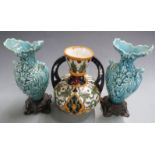 Turkish style twin handled vase impressed Etnao to base and two Majolica style vases, tallest 30cm