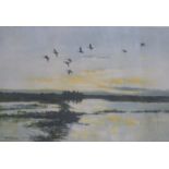 Peter Scott signed print mallards in a yellow sky, 38 x 56cm