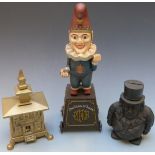 Three vintage novelty cast iron money boxes comprising 'Five Cent Cigars', 'Transvaal Bank' and '