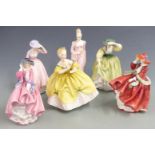 Six Royal Doulton figurines including Sweet April, two Top o' The Hill etc, tallest 22cm