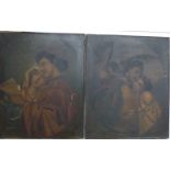 Pair of 18th/19thC oil on canvas paintings of couples, each 77 x 63cm