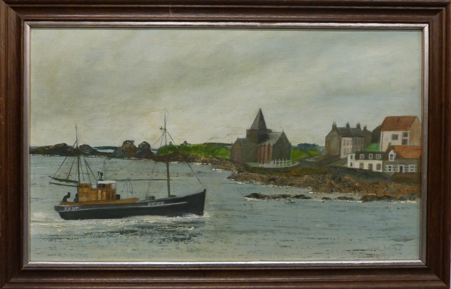 Diane Heald oil on board of a fishing boat sailing into harbor in St Monans, Fife, Scotland, 37 x - Image 2 of 4
