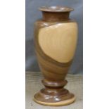 Large treen turned pedestal vase, possibly Laburnum, with 'Feathers Gallery, Broadway' sticker to