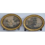 Pair of 19thC oval watercolour landscapes, one of people rowing on a lake with buildings beyond, the