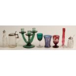 Eleven pieces of coloured glassware including a pair of flash overlaid amethyst vases with cut