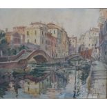 George Chappuis watercolour Venetian scene with canal, gondolas, bridges and buildings, signed lower