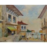 Cecil R D'Oyly John oil on board Mediterranean seaside street scene with figures, signed lower left,