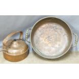 Copper twin handled pan, width 42cm and a copper kettle
