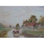 G.A.MacDonald 19th or early 20thC watercolour landscape cattle watering by cottages with windmill