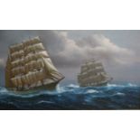 Oil on canvas of maritime scene depicting two sailing ships, indistinctly signed bottom right