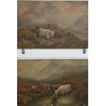 Henry John Livens (1848-1943) pair of 19thC oil on canvas landscapes of Highland cattle watering,