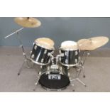 Black budget drum kit comprising bass drum 22", 16" floor tom, two ruck toms (12" & 13"), 14"