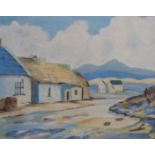 Cooper acrylic on board coastal cottages beneath mountains, signed and dated 1966 lower left, 47 x