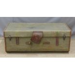 Army and Navy canvas covered travelling  trunk with leather fittings, W87 x D52 x H32cm