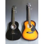 Two acoustic guitars comprising a Martin Smith in flame effect and a Chantry example in black