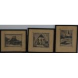 Axel Olson three lino cut studies of traditional Swedish buildings, each signed to border and