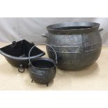 Cast iron cauldron, diameter 72cm, smaller cooking pot and a corner horse trough