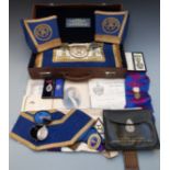 Masonic jewels / medals, aprons and ephemera in leather case, includes hallmarked silver and