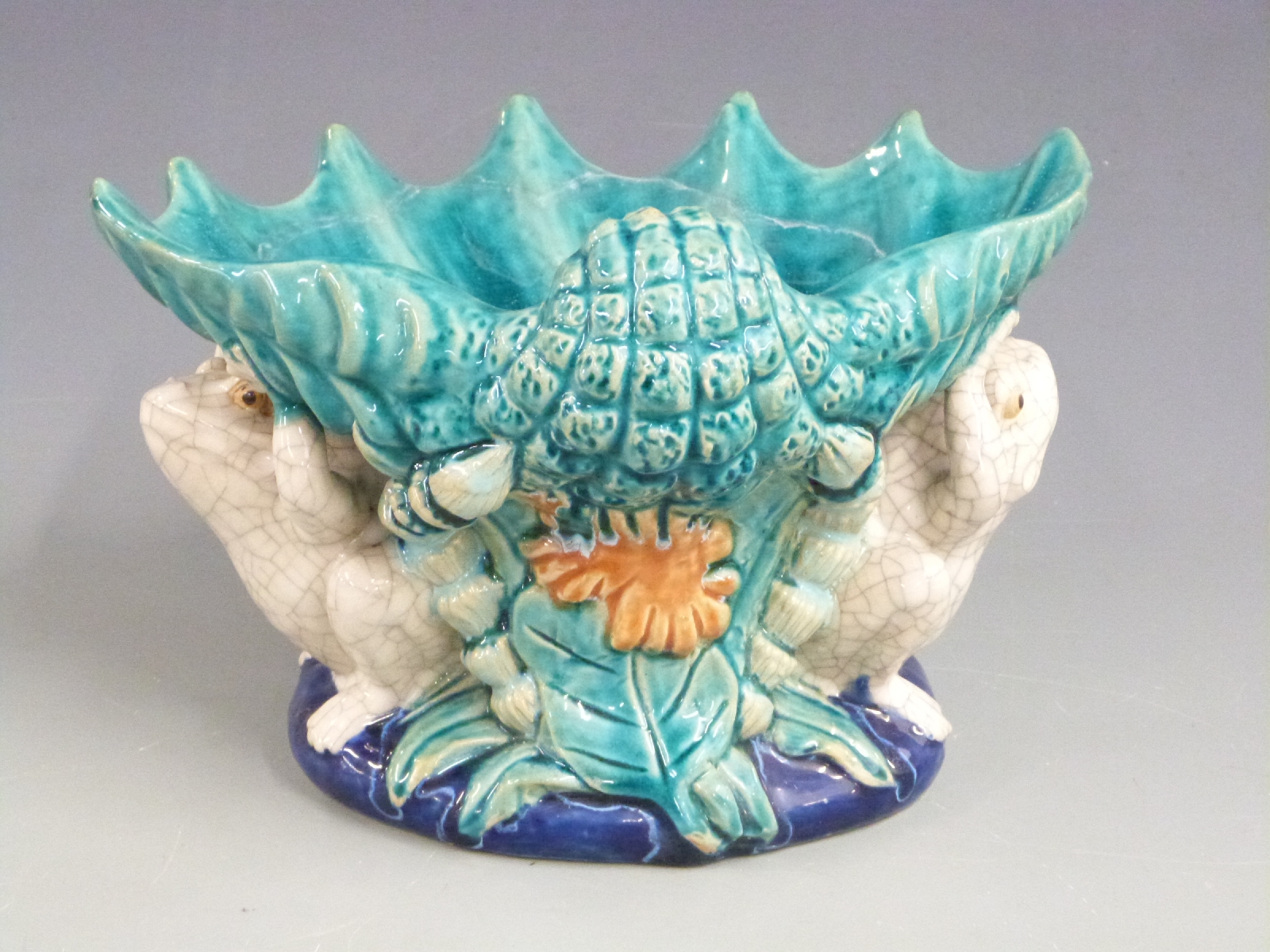 19th/20thC majolica centrepiece in the style of MInton, decorated with two frogs holding a shell - Image 2 of 3