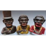 Three vintage novelty cast iron mechanical money boxes, two men, one with hat and a lady, tallest