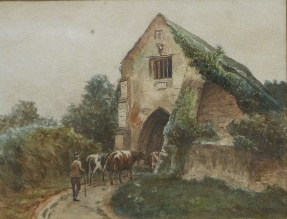 Attributed to A.L. Hancock watercolour Entrance Gate, Cleeve Abbey, titled to mount and with label