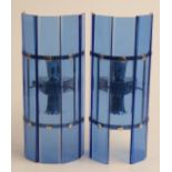 A pair of Art Deco style wall lights each with five blue glass panels and chrome fittings, 30cm